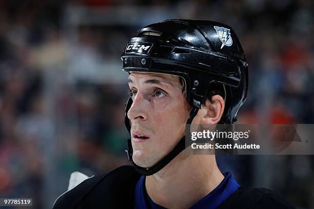 Vincent Lecavalier of the Tampa Bay Lightning rest during a break in the action against the Pittsburgh Penguins at the St. Pete Times Forum on March...