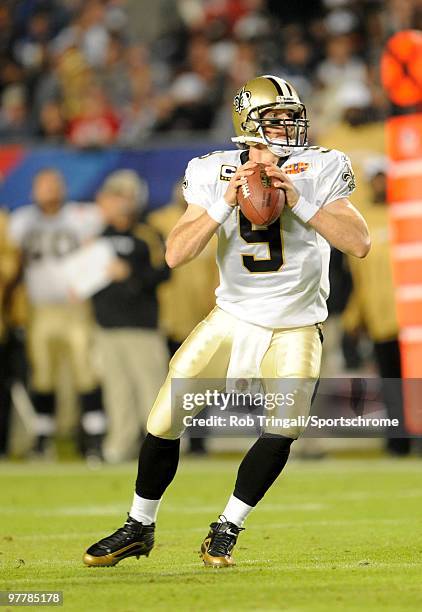 Drew Brees of the New Orleans Saints passes during a game against the Indianapolis Colts in Super Bowl XLIV on February 7, 2010 at Sun Life Stadium...