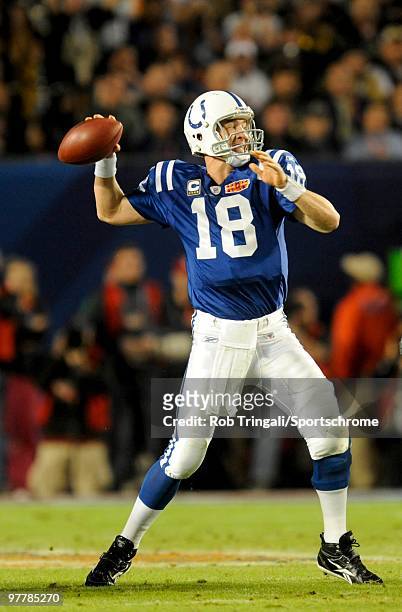 Peyton Manning of the Indianapolis Colts drops back to pass against the New Orleans Saints during Super Bowl XLIV on February 7, 2010 at Sun Life...