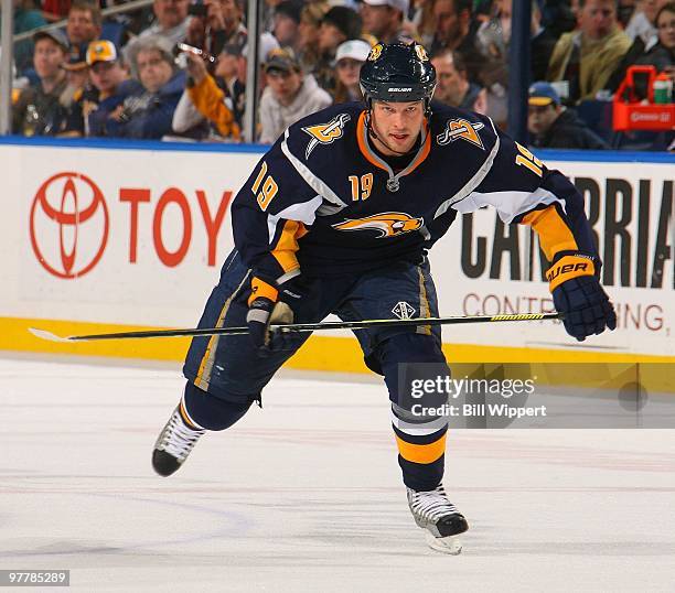 Tim Connolly of the Buffalo Sabres skates against the Minnesota Wild on March 12, 2010 at HSBC Arena in Buffalo, New York.