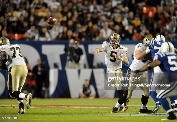 Drew Brees of the New Orleans Saints passes against the Indianapolis Colts in Super Bowl XLIV on February 7, 2010 at Sun Life Stadium in Miami...