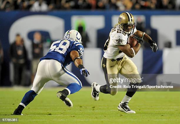 Pierre Thomas of the New Orleans Saints rushes against the Indianapolis Colts in Super Bowl XLIV on February 7, 2010 at Sun Life Stadium in Miami...