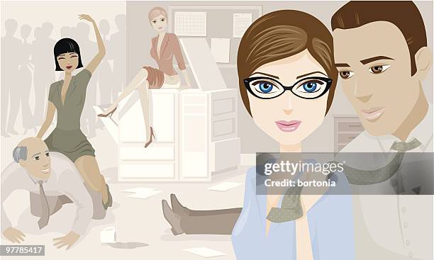 group of office workers having wild party at work - office celebration stock illustrations