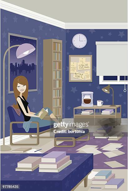 illustrations, cliparts, dessins animés et icônes de femme étudier - dorm room