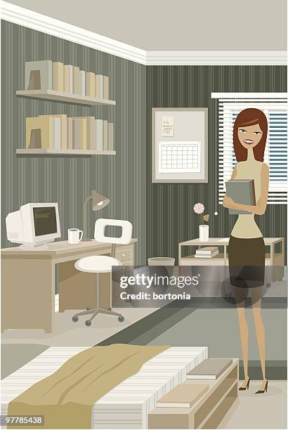 illustrations, cliparts, dessins animés et icônes de jeune femme debout dans une chambre à coucher avec ordinateur de bureau d'entretien - dorm room