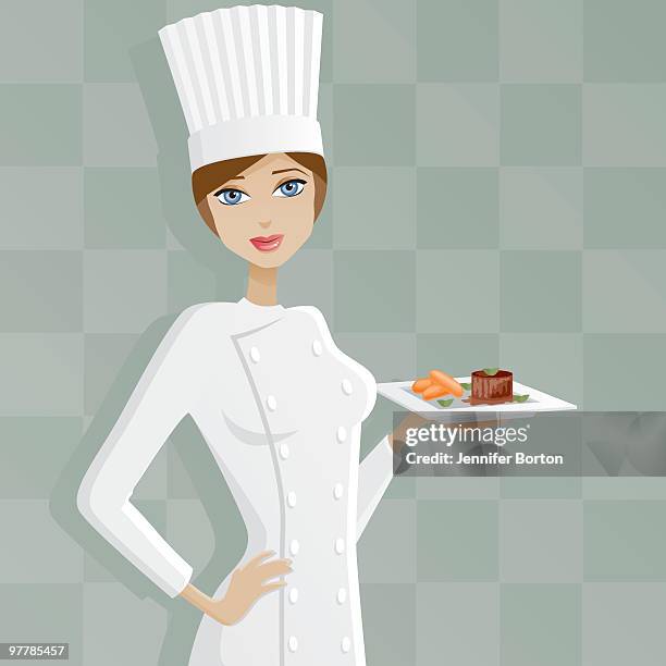 illustrations, cliparts, dessins animés et icônes de femme chef avec filet mignon - toque