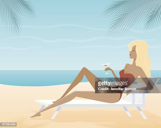 stockillustraties, clipart, cartoons en iconen met woman relaxing at the beach - weelderig beschrijving