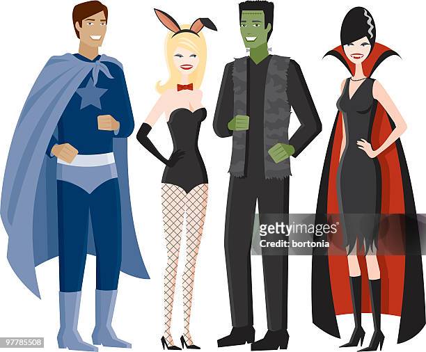stockillustraties, clipart, cartoons en iconen met two couples in halloween costumes - bunny girl
