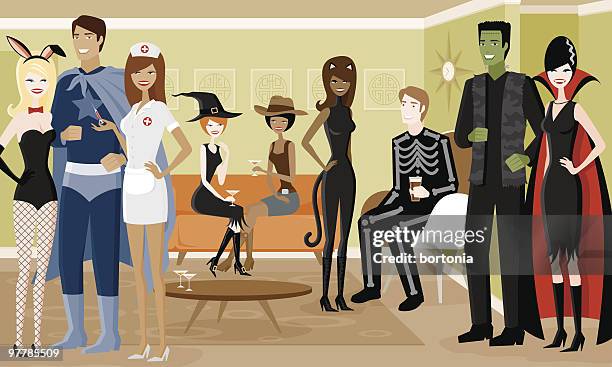 group of people in halloween costumes at party - arm in arm stock illustrations