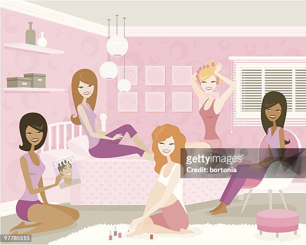 ilustraciones, imágenes clip art, dibujos animados e iconos de stock de joven mujer leyendo revistas y painting nails en el dormitorio - amigas