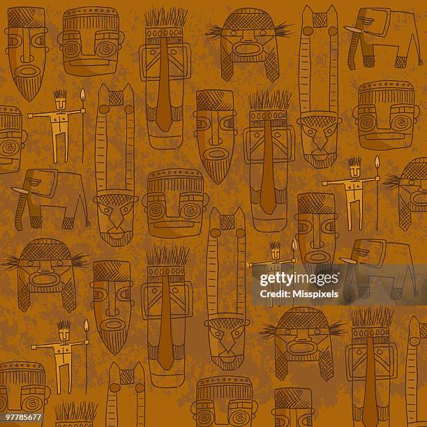 orange background with sketches of tribal masks - primitivism stock illustrations