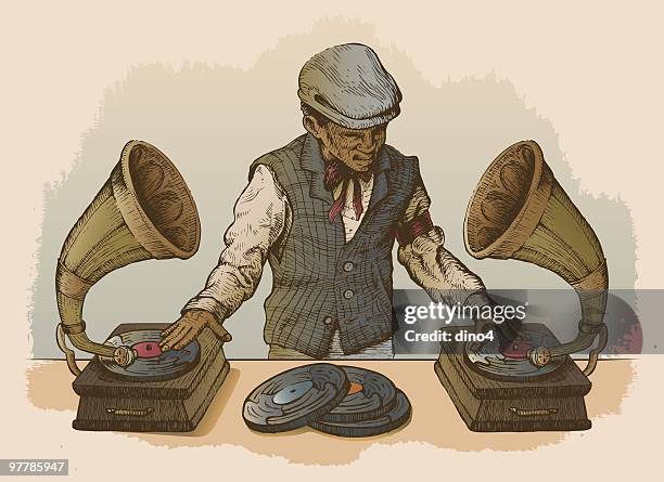 illustrations, cliparts, dessins animés et icônes de homme de dj à l'aide de joueurs comme platines dossier antique - platine de disque vinyle