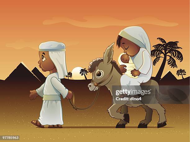 mann zu fuß esel tragen frau und baby in ägypten - jesus walking stock-grafiken, -clipart, -cartoons und -symbole