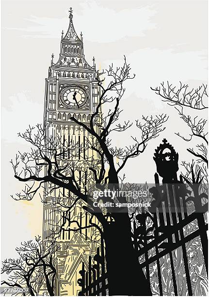 big ben in london am morgen grau - big ben stock-grafiken, -clipart, -cartoons und -symbole