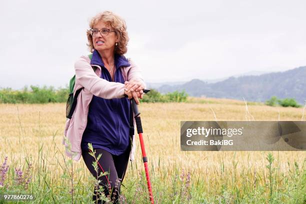 senior vrouw wandelen op de berg - bakibg stockfoto's en -beelden