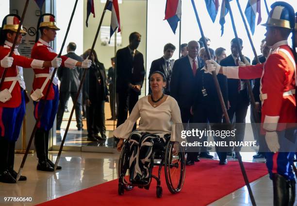 Argentine Vice-President Gabriela Michetti arrives for the Mercosur Summit in Luque, Paraguay, on June 18, 2018. - During the South American trading...