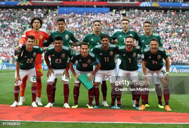 Mexico team pose for a photograph during the 2018 FIFA World Cup Russia group F match between Germany and Mexico at Luzhniki Stadium on June 17, 2018...