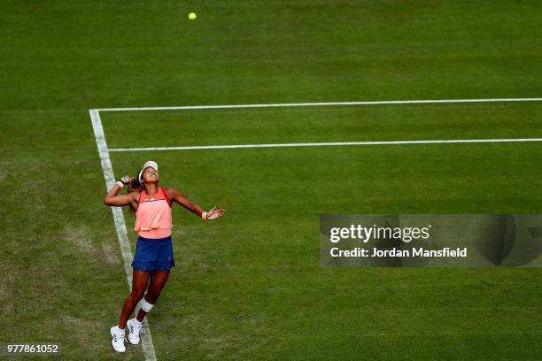 Naomi Osaka of Japan serves during her Round of 32 match against Katie Boulter of Great Britain during day three of the Nature Valley Classic at...