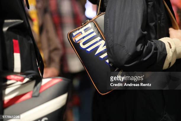 Model, fashion detail, seen backstage ahead of the Hunting World show during Milan Men's Fashion Week Spring/Summer 2019 on June 18, 2018 in Milan,...
