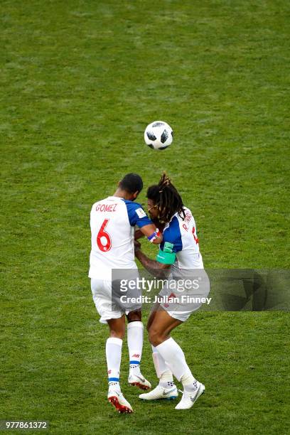 Gabriel Gomez and Roman Torres of Panama clash during the 2018 FIFA World Cup Russia group G match between Belgium and Panama at Fisht Stadium on...
