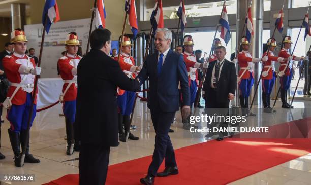 Paraguay's President Horacio Cartes welcomes Bolivia's Vice-President Alvaro Garcia Linera upon his arrival for the Mercosur Summit in Luque,...