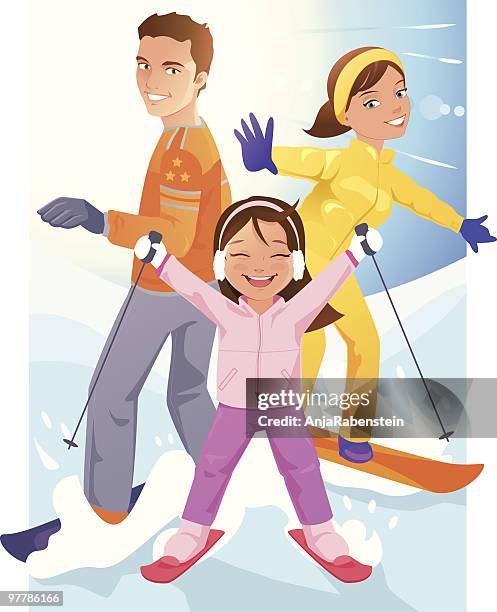 happy young children skiing and snowboarding - portrait happy stock illustrations