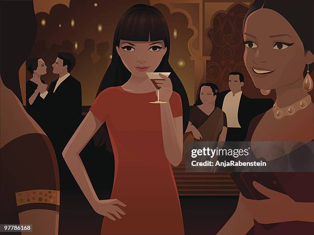 woman drinking cocktail at large  party - cocktail party dress stock illustrations