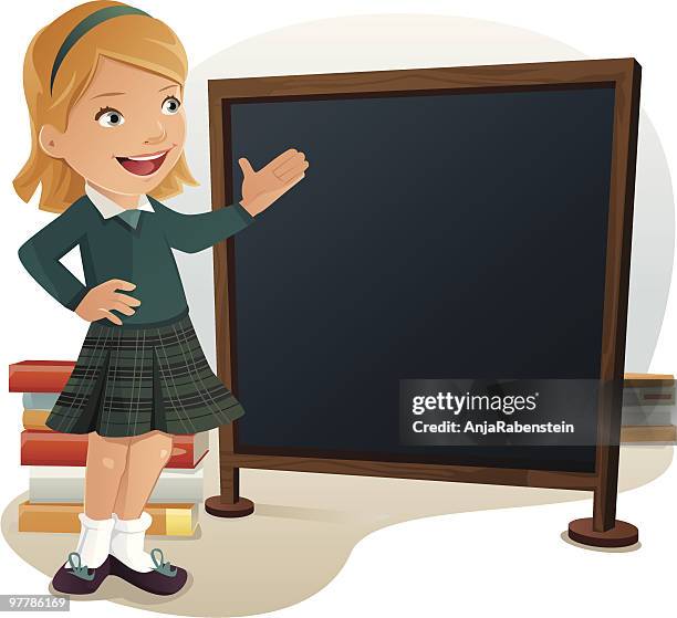 ilustrações, clipart, desenhos animados e ícones de jovem estudante usando uniforme de escola em branco apontando em chalkboard - mão no quadril