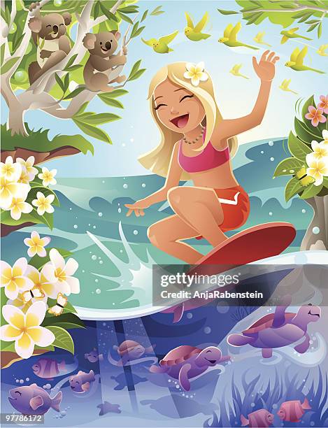 ilustraciones, imágenes clip art, dibujos animados e iconos de stock de de historieta girl surfing en paisaje tropical con tortugas y koalas - niñas