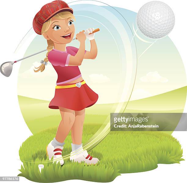 illustrations, cliparts, dessins animés et icônes de jeune fille jouant au golf sur le green - girl swing vector