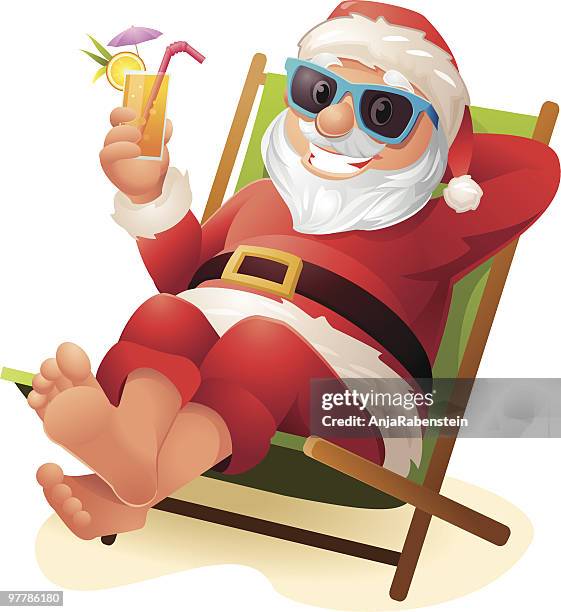 bildbanksillustrationer, clip art samt tecknat material och ikoner med santa claus relaxing at beach with sunglasses and drink - smirking