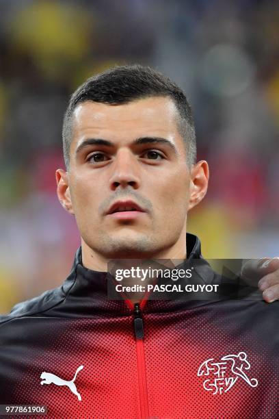 Switzerland's midfielder Granit Xhaka poses before the Russia 2018 World Cup Group E football match between Brazil and Switzerland at the Rostov...