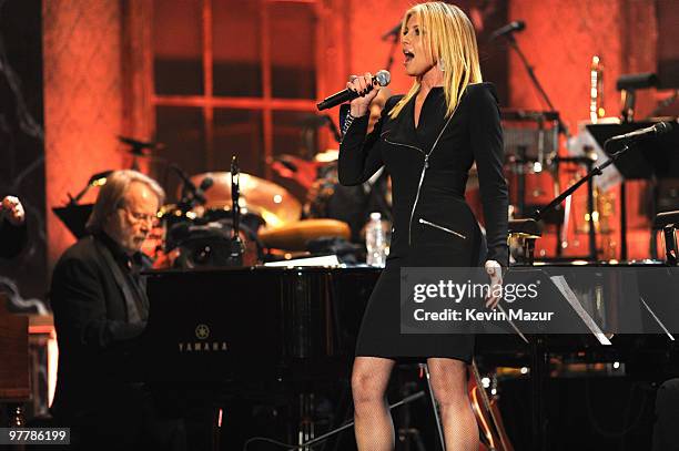 Benny Andersson of ABBA and Faith Hill perform on stage at the 25th Annual Rock and Roll Hall of Fame Induction Ceremony at The Waldorf=Astoria on...