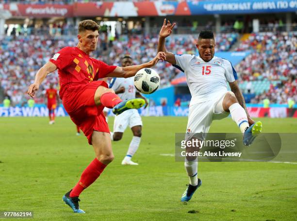 Thomas Meunier of Belgium is challenged by Eric Davis of Panama during the 2018 FIFA World Cup Russia group G match between Belgium and Panama at...