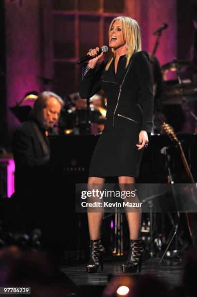 Benny Andersson of ABBA and Faith Hill perform on stage at the 25th Annual Rock and Roll Hall of Fame Induction Ceremony at The Waldorf=Astoria on...