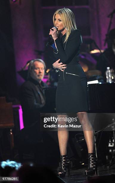 Benny Andersson of ABBA and Faith Hill perform on stage at the 25th Annual Rock and Roll Hall of Fame Induction Ceremony at The Waldorf=Astoria on...