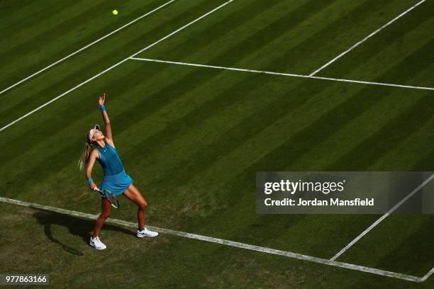 Katie Boulter of Great Britain serves during her Round of 32 match against Naomi Osaka of Japan during day three of the Nature Valley Classic at...