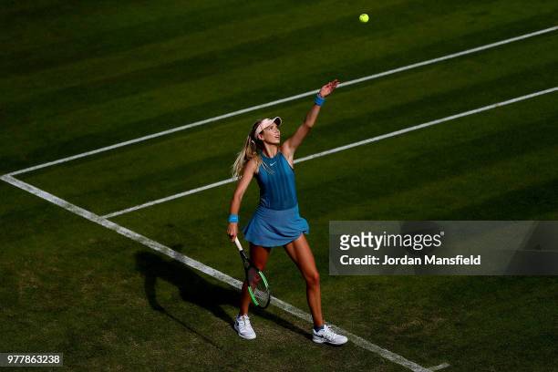 Katie Boulter of Great Britain serves during her Round of 32 match against Naomi Osaka of Japan during day three of the Nature Valley Classic at...