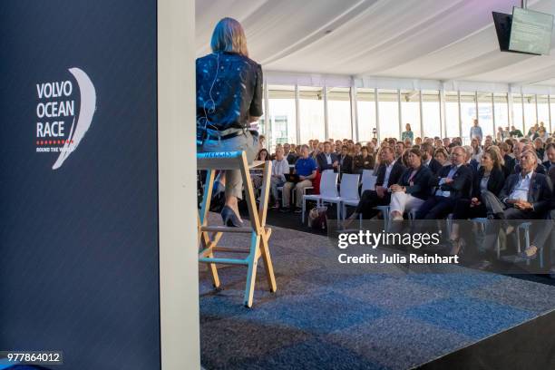 Swedish Crown Princess Victoria attends the Volvo Ocean Summit ahead of participating in the ProAm Race at the Volvo Ocean Race in the Freeport of...