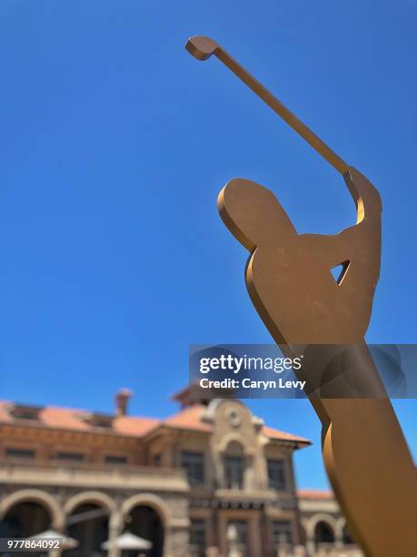 The swinging gold man during practice for THE PLAYERS Championship on THE PLAYERS Stadium Course at TPC Sawgrass on May 7, 2018 in Ponte Vedra Beach,...