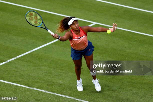 Naomi Osaka of Japan reaches for a forehand during her Round of 32 match against Katie Boulter of Great Britain during day three of the Nature Valley...