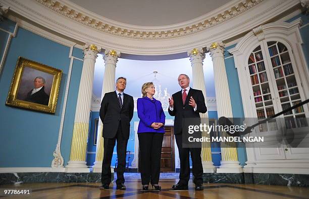 Ireland Deputy First Minister Martin McGuiness speaks as US Secretary of State Hillary Clinton and Northern Ireland First Minister Peter Robinson...