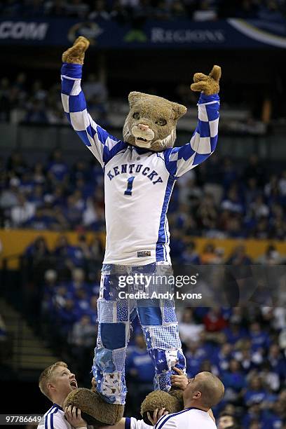 The Wildcat, mascot for the Kentucky Wildcats performs against the Mississippi State Bulldogs during the final of the SEC Men's Basketball Tournament...