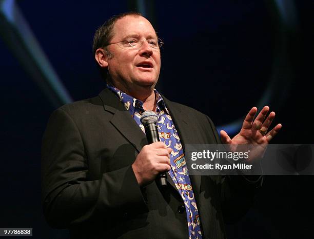 Chief Creative Officer of Pixar and Disney Animation Studios, John Lasseter speaks onstage at the Disney/Pixar screening of "Toy Story 3" during...