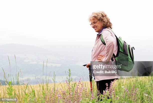 senior vrouw wandelen op de berg - bakibg stockfoto's en -beelden