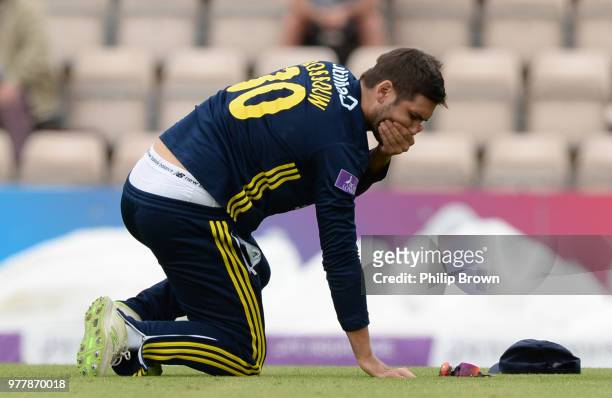 Rilee Rossouw of Hampshire injured during the Royal London One-Day Cup Semi-Final match between Hampshire and Yorkshire Vikings at the Ageas Bowl on...