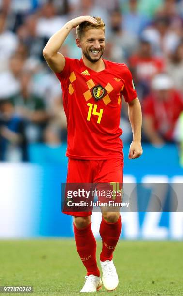 Dries Mertens of Belgium celebrates after scoring his team's first goal during the 2018 FIFA World Cup Russia group G match between Belgium and...