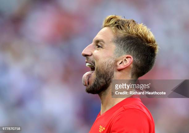 Dries Mertens of Belgium celebrates after scoring his team's first goal during the 2018 FIFA World Cup Russia group G match between Belgium and...