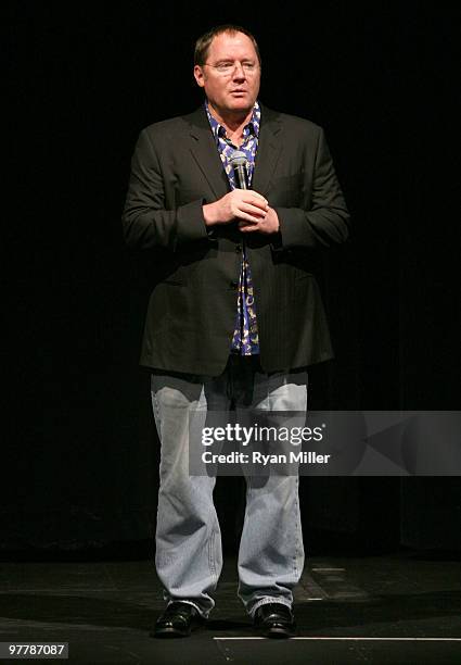 Chief Creative Officer of Pixar and Disney Animation Studios, John Lasseter speaks onstage at the Disney/Pixar screening of "Toy Story 3" during...