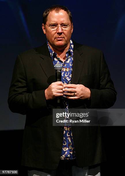 Chief Creative Officer of Pixar and Disney Animation Studios, John Lasseter speaks onstage at the Disney/Pixar screening of "Toy Story 3" during...